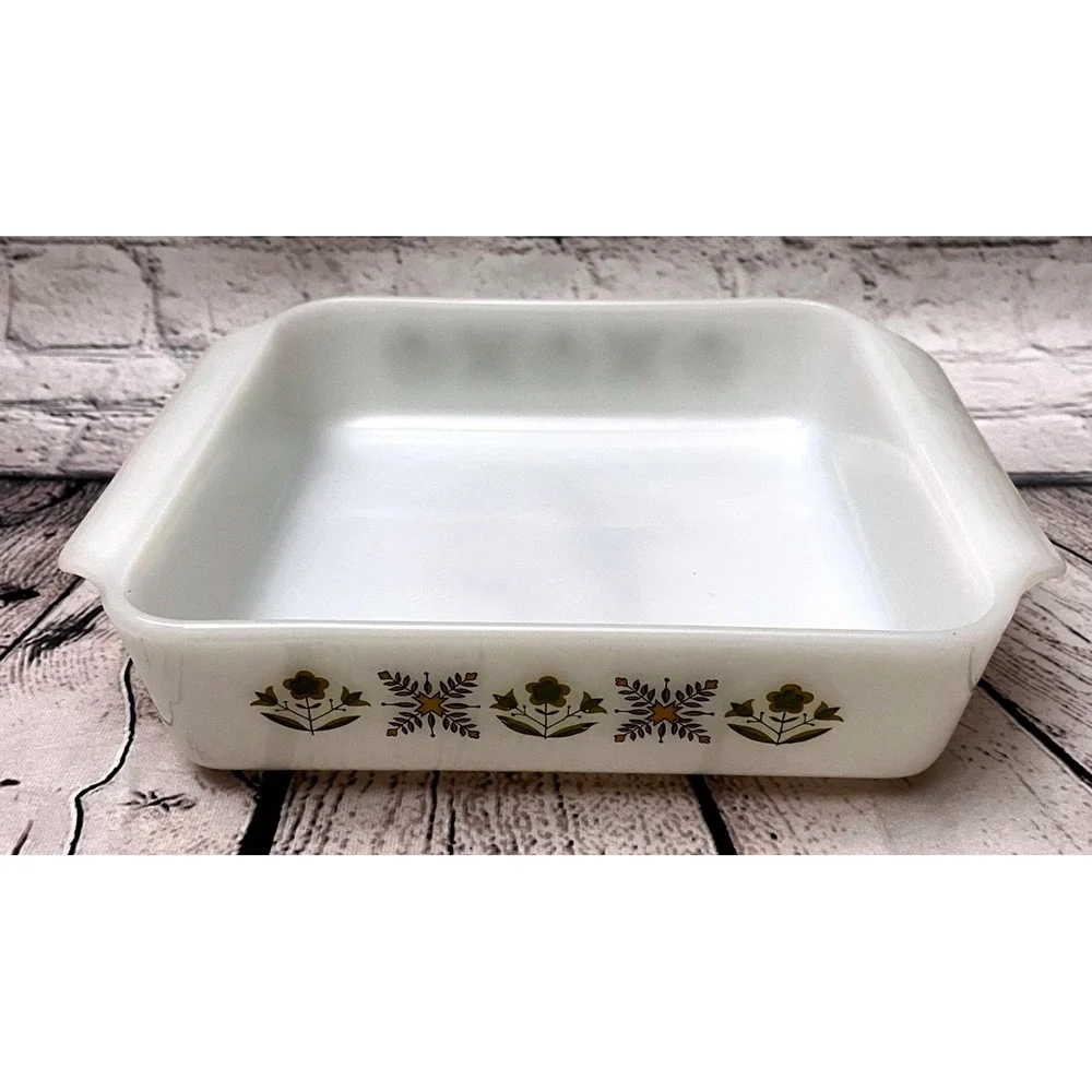 Vintage Anchor Hocking Fire King Milk Glass Meadows Baking Dish Square 8